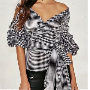 Gingham Wrap Off-The-Shoulder Top (Akira Chicago)